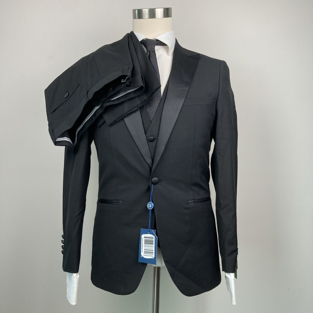 GINO VITALE Men's 3 Piece‎ Suit Slim Fit Black Jacket Vest Pants 36R 30W